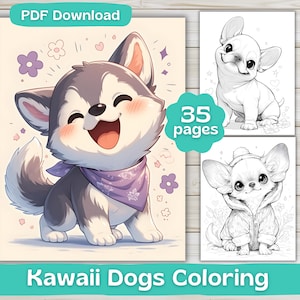 Kawaii Dogs | 35 Coloring Pages | Digital Download | Adult Coloring Book | Cute Kawaii Animals Coloring | Printable