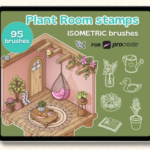 Puede incluir: Una ilustración digital de 95 sellos isométricos de sala de plantas para Procreate. La imagen muestra una habitación rosa con una silla colgante, plantas y una mesa con una taza de café y croissants. Los sellos incluyen una regadera, un pájaro, un libro y una variedad de plantas.