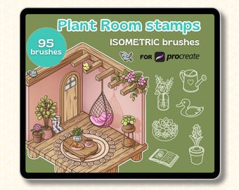 Procreate Isometric stamps | Plant Room brush pack | 95 Hand Drawn Procreate Brushes | Flower Isometric Room Interior Art | Digital Download