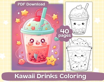 Kawaii Drinks Coloring Pages | Digital Download | Adult Coloring Book | Cute Kawaii food Coloring | Printable