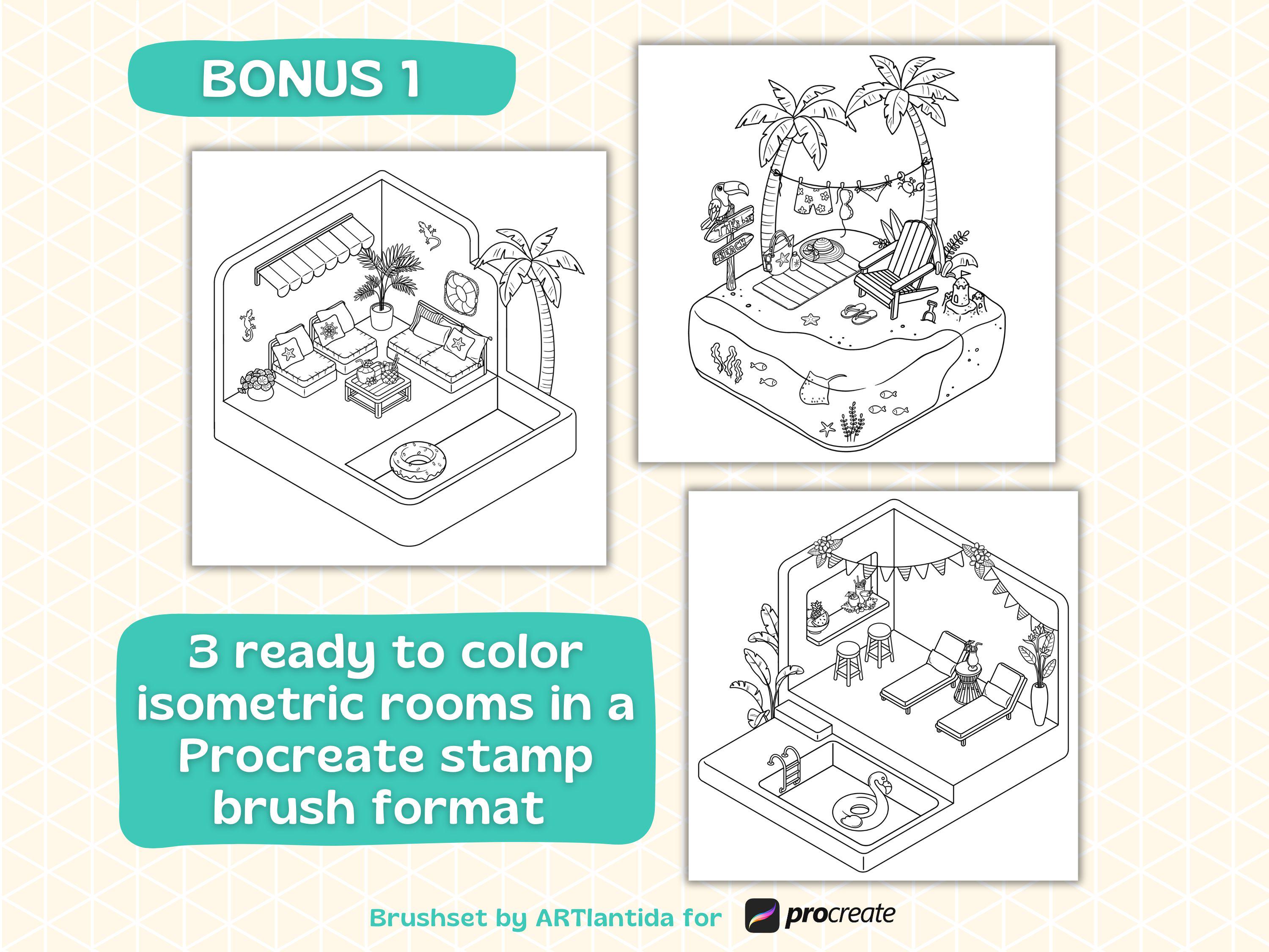 Procreate Isometric Stamps | Beach Room Brush Pack | 75 Hand Drawn ...