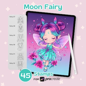 May include: Digital art illustration of a Moon Fairy with a teal dress, purple and blue hair, and pink wings. The image is on a tablet with a stylus. The text reads "Moon Fairy" and "45 Stamps for Procreate."