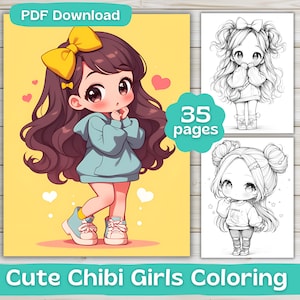 35 Cute Chibi Girls Coloring Pages | Digital Download | Adult Coloring Book | Cute Kawaii girls Coloring | Printable