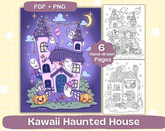 Haunted House Coloring Pages | Kawaii Halloween Coloring | Hand Drawn | Ghost Coloring | Digital Download | Adults and Kids Coloring Book