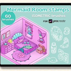 Może przedstawiać: Zestaw sztuki cyfrowej zatytułowany "Mermaid Room stamps" dla Procreate. Obraz przedstawia różową izometryczną scenę sypialni z motywem syreny, w tym łóżko, komodę i elementy dekoracyjne. Zestaw zawiera 60 pędzli.