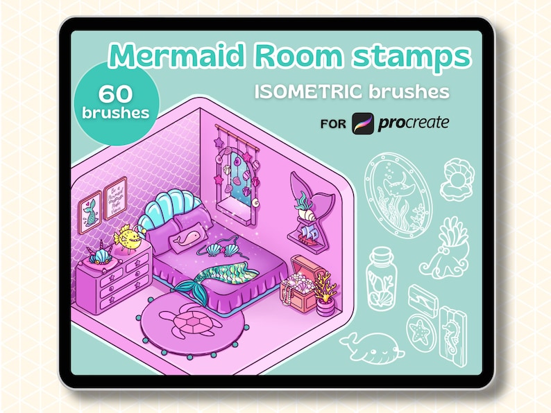Procreate Isometric Stamps | Mermaid Room Brush Pack | 60 Hand Drawn ...
