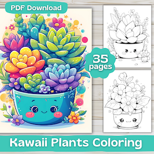 35 pages à colorier de plantes kawaii | Téléchargement numérique | Livre de coloriage pour adultes | Jolies fleurs en pot à colorier | Imprimable