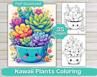 35 Kawaii Plants Coloring Pages | Digital Download | Adult Coloring Book | Cute Potted Flowers Coloring | Printable