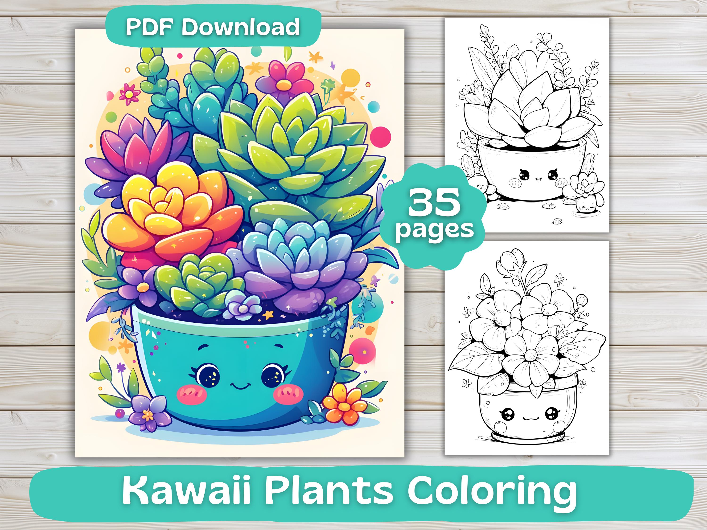 35 Kawaii Plants Coloring Pages Printable | Cute Potted Flowers & Cacti | Adult Coloring Book Digital Download
