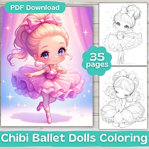 35 ちびバレエ人形のぬり絵 | デジタルダウンロード | 大人のぬり絵 | かわいい女の子のぬり絵 | 印刷可能