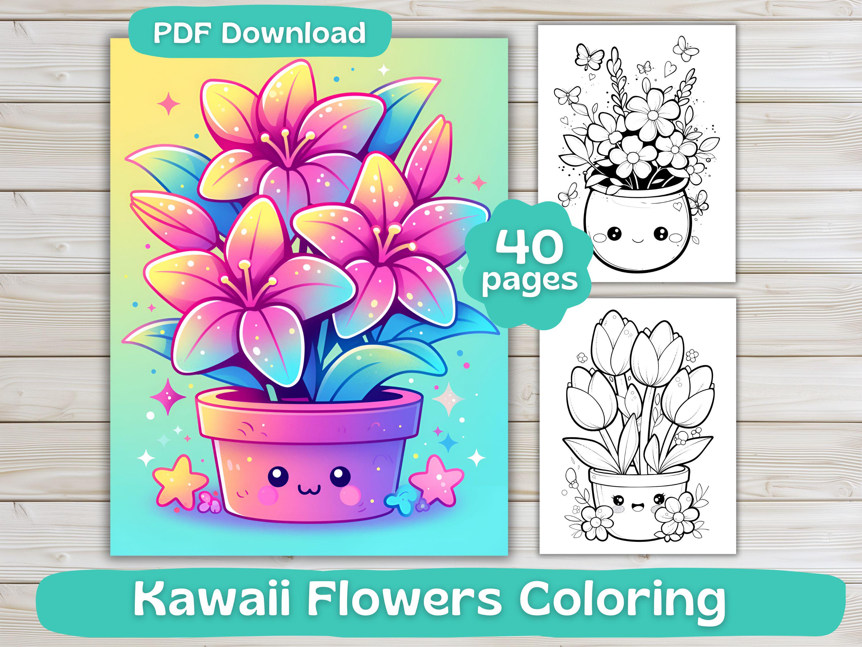 40 Kawaii Flowers Coloring Pages Printable | Cute Vase & Pot Flower Designs | Adult Relaxation Digital Download - Image 1