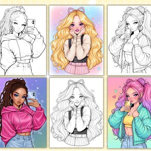 May include: Six illustrations of young women taking selfies with smartphones. The images showcase diverse hairstyles, outfits, and colour schemes, including monochrome sketches and colourful designs. The theme is fashion and beauty, with a focus on stylish aesthetics.