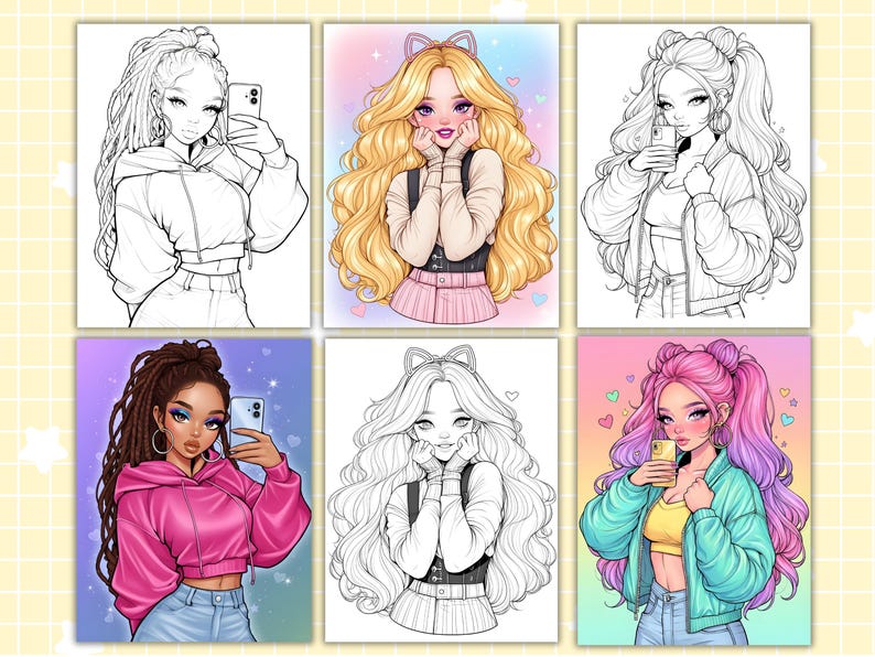 May include: Six illustrations of young women taking selfies with smartphones. The images showcase diverse hairstyles, outfits, and colour schemes, including monochrome sketches and colourful designs. The theme is fashion and beauty, with a focus on stylish aesthetics.