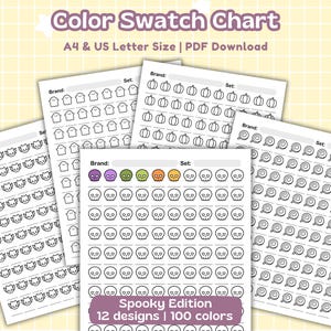 May include: A collection of printable color swatch charts in A4 and US Letter sizes. The "Spooky Edition" features 12 designs with 100 colors, including pumpkins, ghosts, skulls, and swirls. The charts are designed for brand and set customization.