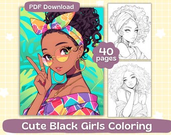 Cute Black Girls Coloring Pages | Digital Download | Adult Coloring Book | Gorgeous Kawaii Girls Coloring | Printable Sheets