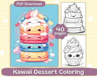 Kawaii Desserts Coloring Pages | Digital Download | Adult Coloring Book | Cute Kawaii food Coloring | Printable PDF