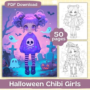 Halloween Chibi Girls Coloring Pages | Adult Coloring Book | Cute Kawaii girls Coloring | Kids Coloring Sheets | Digital Download
