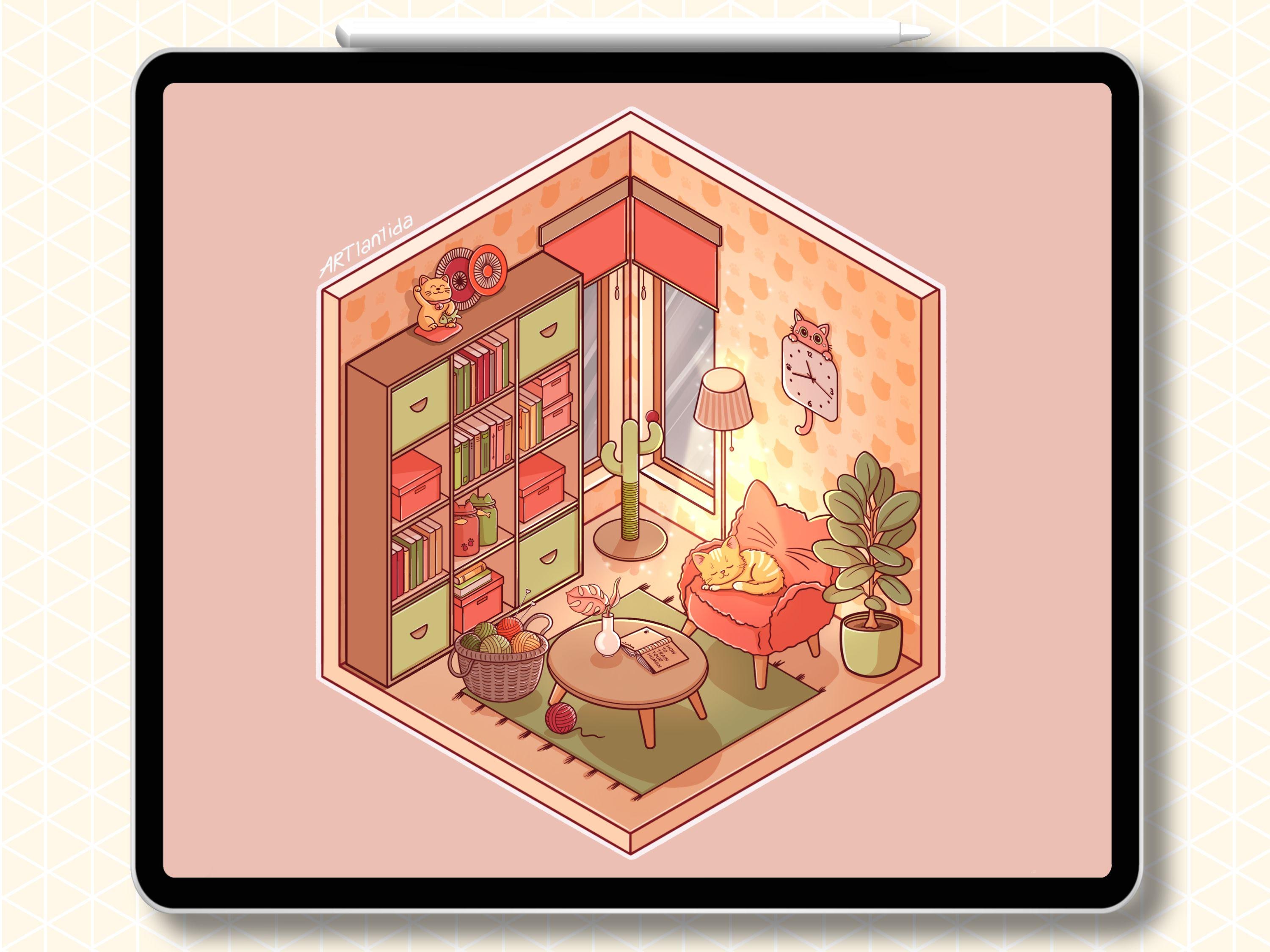 Procreate Isometric Stamps | Cat Room Brush Pack | 95 Hand Drawn ...