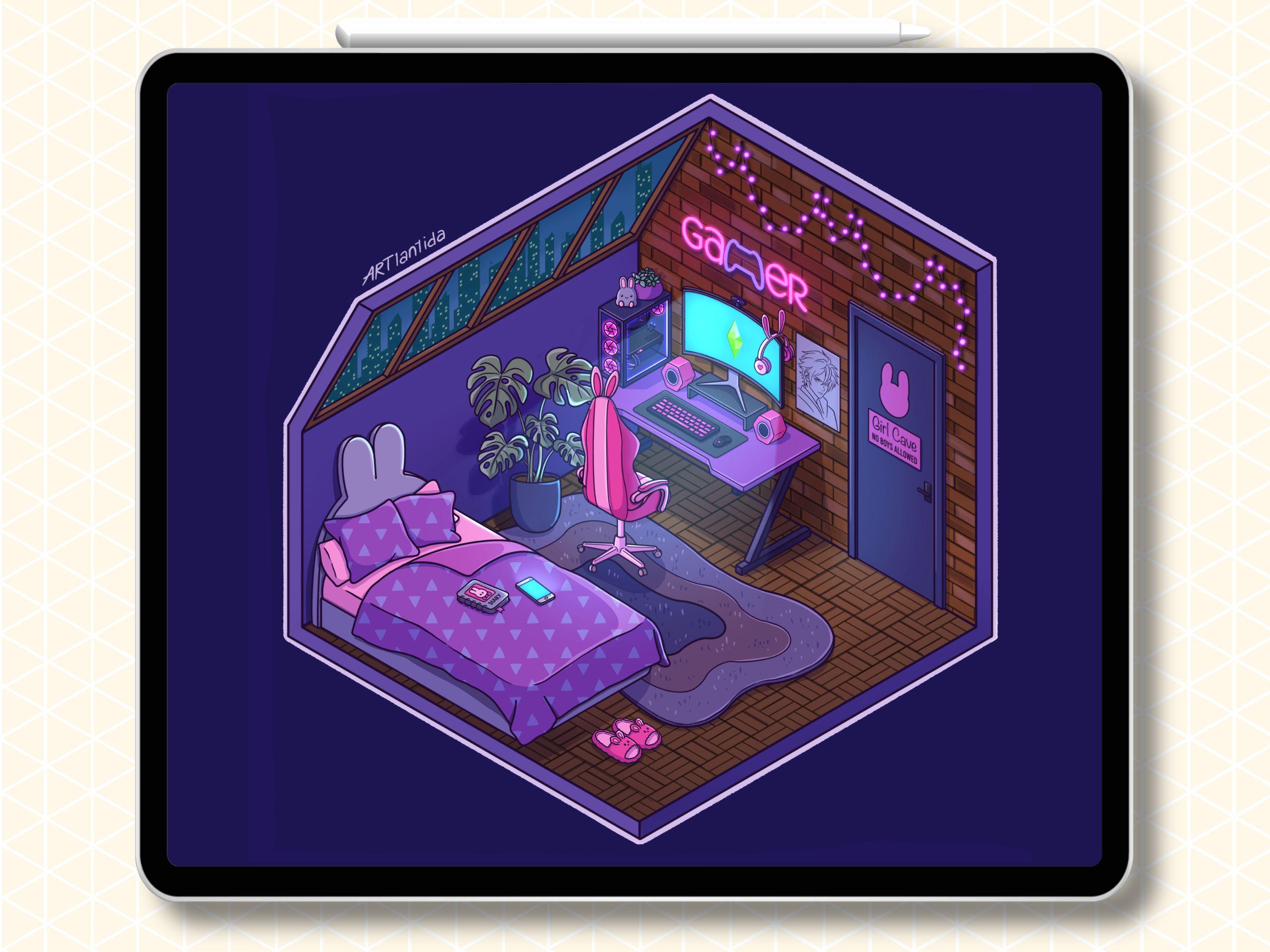 Procreate Isometric Stamps | Gamer Room Brush Pack | 95 Hand Drawn ...