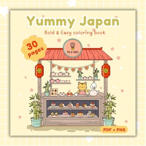 Libro para colorear de tienditas: 30 páginas para colorear de comida japonesa, llamativas y fáciles (descarga digital en PDF y PNG)