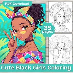 35 枚のかわいい黒人の女の子の塗り絵 | デジタル ダウンロード | 大人の塗り絵 | かわいい女の子の塗り絵 | 印刷可能
