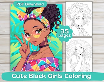 35 Cute Black Girls Coloring Pages | Digital Download | Adult Coloring Book | Cute Kawaii girls Coloring | Printable