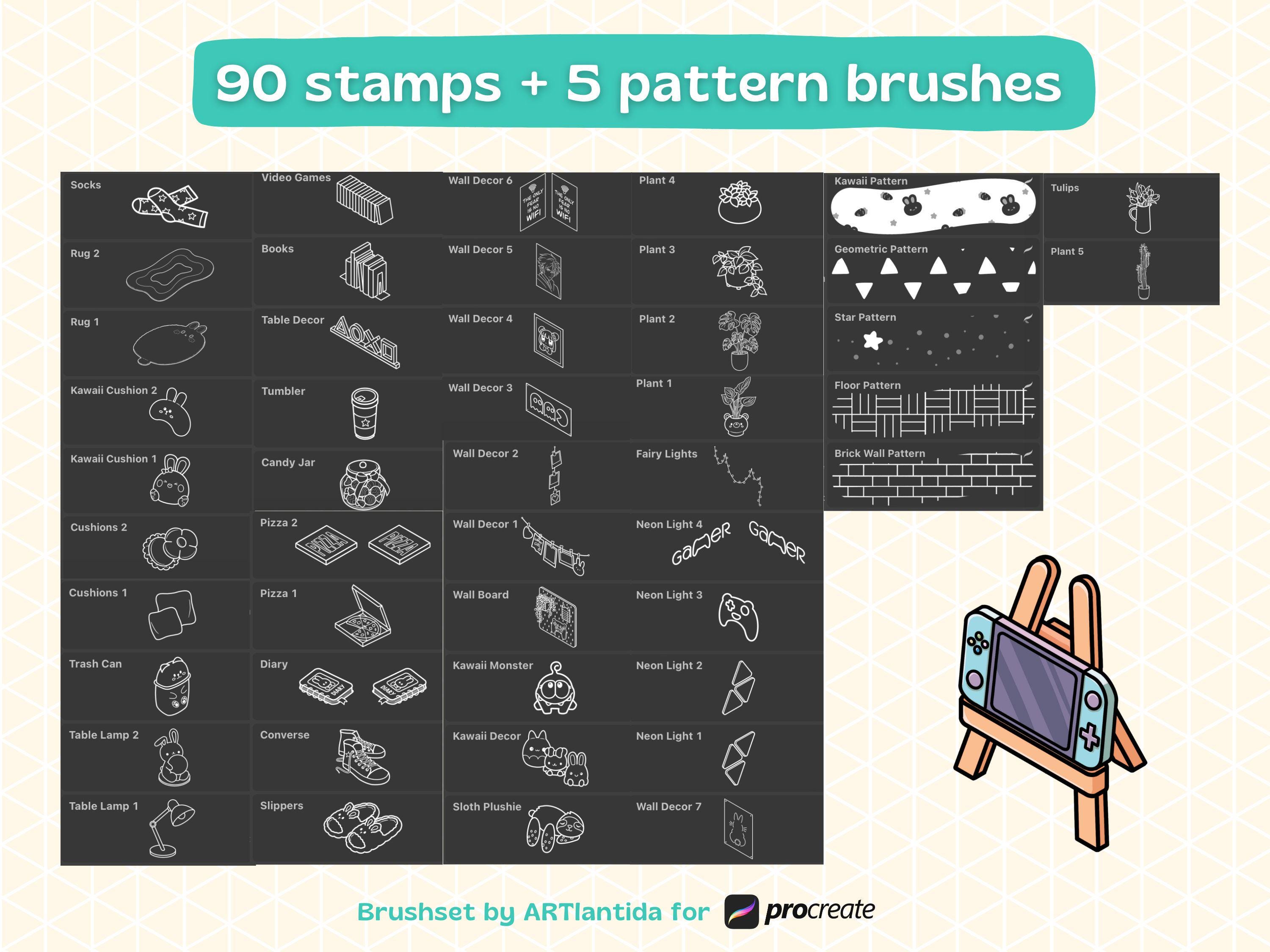 Procreate Isometric Stamps | Gamer Room Brush Pack | 95 Hand Drawn ...