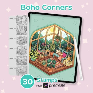 May include: A digital tablet displaying a colorful illustration of a greenhouse interior with various potted plants, a wooden bench, and a rug. To the left, a vertical list shows black and white line art labeled Boho 19 through 24. Text reads Boho Corners, 30 Stamps for Procreate.