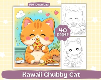 以下が含まれることがあります： 「Kawaii Chubby Cat」というタイトルのデジタルダウンロードぬりえ。ピザを食べる漫画のオレンジ色の猫が描かれています。画像には、猫をテーマにした40ページのぬりえと、猫の追加画像が含まれています。