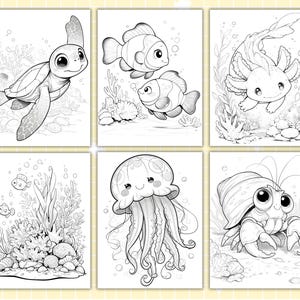 May include: Six black and white illustrations of cute sea creatures. The images include a sea turtle, two clownfish, an axolotl, a coral reef scene with fish, a jellyfish, and a hermit crab.