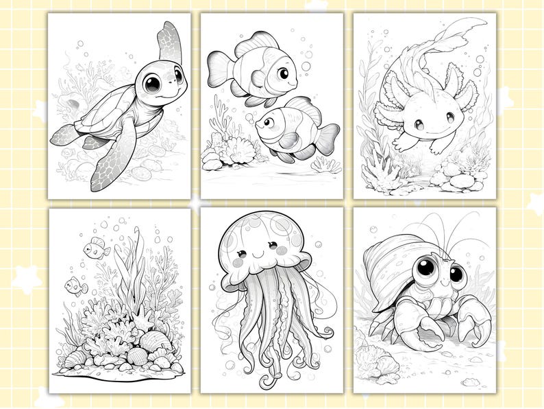 May include: Six black and white illustrations of cute sea creatures. The images include a sea turtle, two clownfish, an axolotl, a coral reef scene with fish, a jellyfish, and a hermit crab.