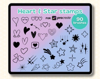 May include: A digital tablet displays a collection of heart and star stamps for Procreate, with 90 brushes. The stamps include various heart and star designs in black, with a gradient background of purple and blue.