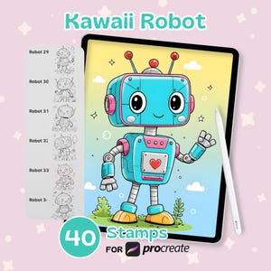 May include: A digital illustration of a cute, blue robot with pink accents, a heart on its chest, and a smiling face. The image is labeled "Kawaii Robot" and includes a set of 40 stamps for Procreate.