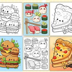 Puede incluir: Un conjunto de seis ilustraciones coloridas con tem&aacute;tica de comida. Las im&aacute;genes incluyen hamburguesas, sushi y pizza, cada una con un dise&ntilde;o lindo de dibujos animados. Algunas son en color, otras en blanco y negro, perfectas para colorear.