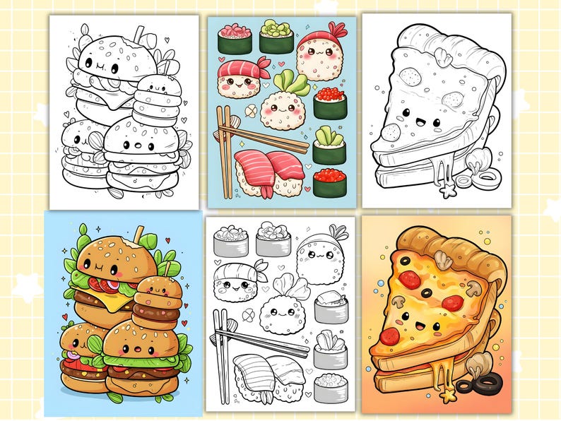 Puede incluir: Un conjunto de seis ilustraciones coloridas con tem&aacute;tica de comida. Las im&aacute;genes incluyen hamburguesas, sushi y pizza, cada una con un dise&ntilde;o lindo de dibujos animados. Algunas son en color, otras en blanco y negro, perfectas para colorear.