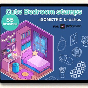 Procreate Isometric stamps | Cute Bedroom brush pack | 55 Hand Drawn Procreate Brushes | Isometric Room Interior Art | Digital Download