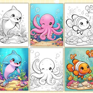 May include: Six illustrations of marine creatures, including a dolphin, octopus, and clownfish. Some are in colour, others are black and white. The images are set against a blue backdrop with bubbles and coral.