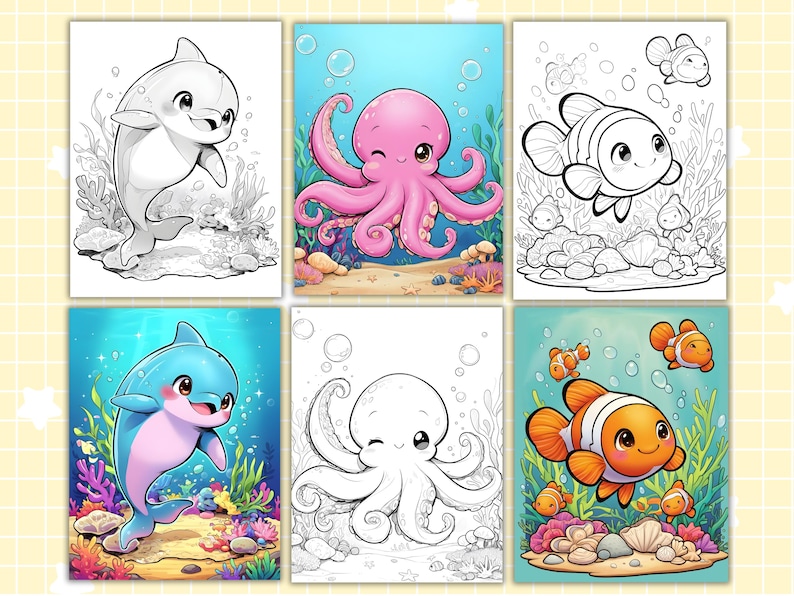 May include: Six illustrations of marine creatures, including a dolphin, octopus, and clownfish. Some are in colour, others are black and white. The images are set against a blue backdrop with bubbles and coral.