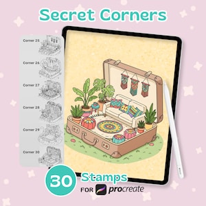 May include: Digital illustration of a suitcase interior with a sofa, plants, and decorative items. The image includes the text "Secret Corners" and "30 Stamps for Procreate". A white stylus is next to the tablet.
