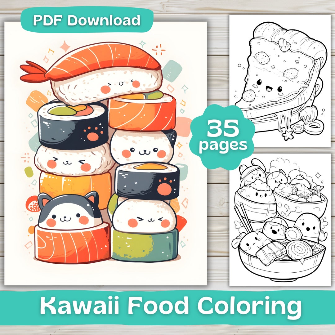 35 Kawaii Food Coloring Pages Digital Download Adult Coloring Book Cute ...