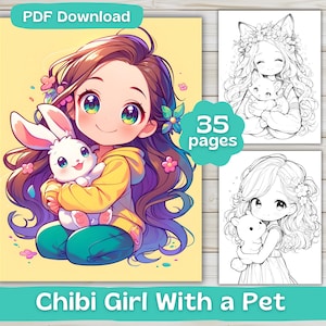 ペットを連れたちびっ子 35 枚のぬり絵 | デジタル ダウンロード | 大人のぬり絵 | かわいい女の子のぬり絵 | 印刷可能