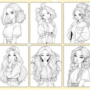 May include: Six black and white illustrations of young women in different poses and outfits. Each drawing features a unique hairstyle and clothing style, including a baseball cap, bow, and jacket. The drawings are suitable for colouring.