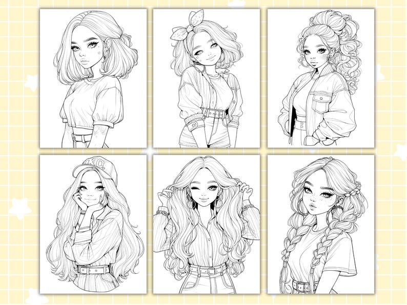 May include: Six black and white illustrations of young women in different poses and outfits. Each drawing features a unique hairstyle and clothing style, including a baseball cap, bow, and jacket. The drawings are suitable for colouring.