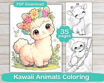 Kawaii Baby Animals | 35 Coloring Pages | Digital Download | Adult Coloring Book | Cute Kawaii Coloring | Printable