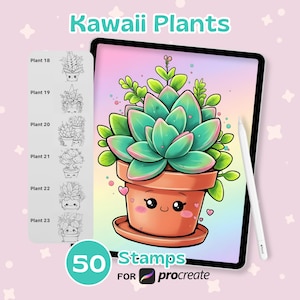 May include: Digital illustration of a succulent plant in a terracotta pot with a smiling face, hearts, and green leaves. The image is labeled "Kawaii Plants" and includes 50 stamps for Procreate.