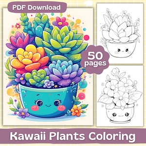 Kleurplaten Kawaii planten | Digitale download | Kleurboek voor volwassenen | Schattige potbloemenkleuring | Afdrukbaar