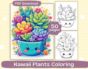 Kawaii Plants Coloring Pages | Digital Download | Adult Coloring Book | Cute Potted Flowers Coloring | Printable