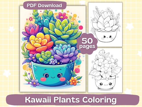 Kawaii Plants Coloring Pages | Digital Download | Adult Coloring Book | Cute Potted Flowers Coloring | Printable