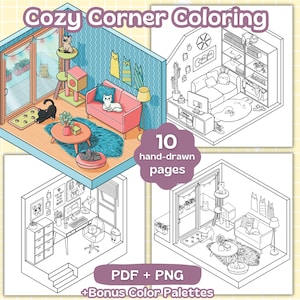 Cozy Corner Coloring Pages | Pocket Room Coloring for Adults | Hand Drawn Coloring | Isometric Art | Digital Download