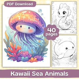 May include: A digital PDF download of Kawaii Sea Animals colouring pages. The cover art shows a colourful illustration of a jellyfish, with additional pages featuring a seahorse and a whale. The set includes 40 pages.